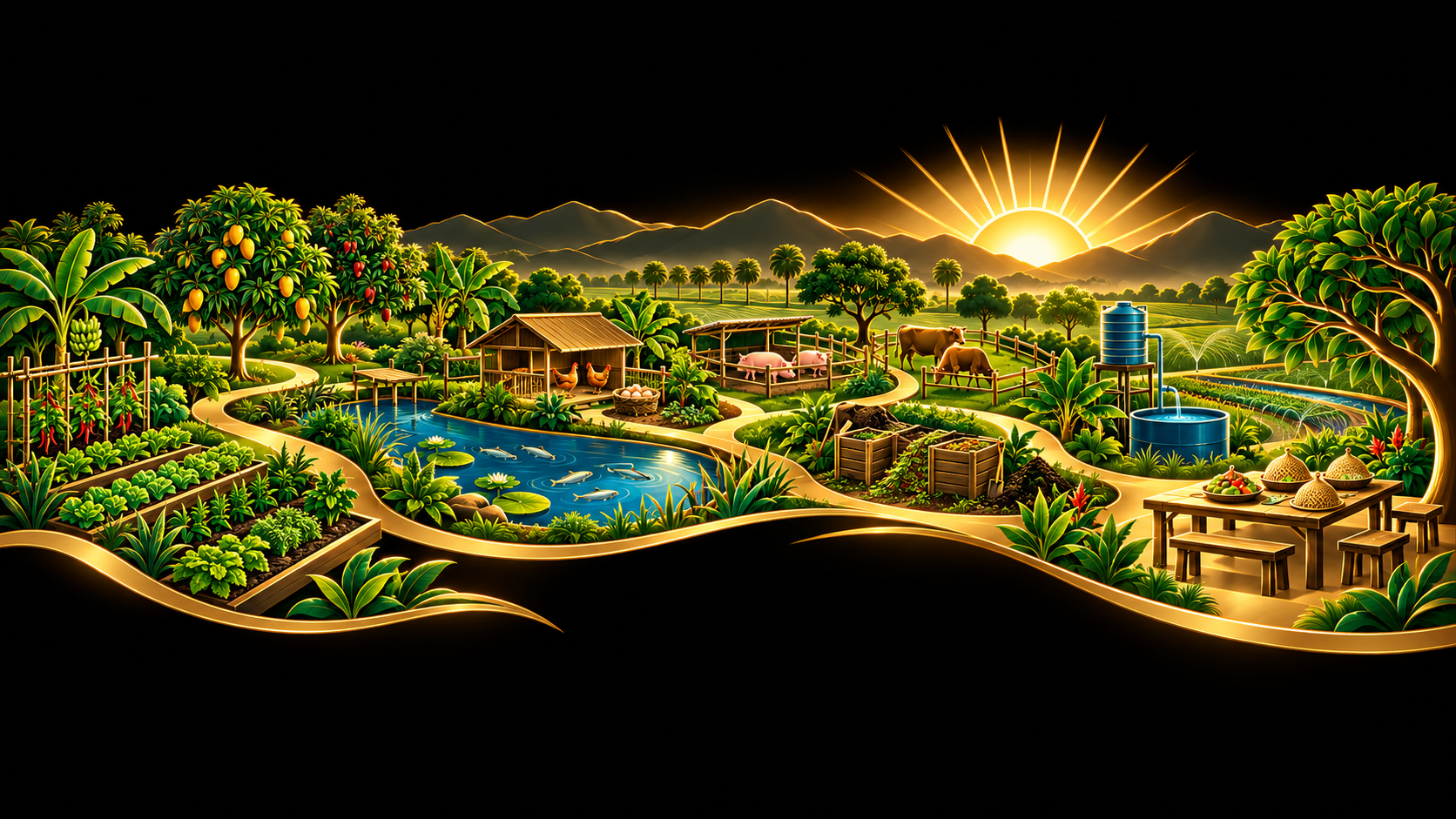 Conceptual illustration of the proposed Magic Land farm vision, including vegetables, fruit trees, fish ponds, chickens, pigs, cattle, composting, water management and a shared community table.